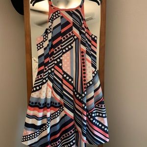 Coral, blue and white polka dot dress